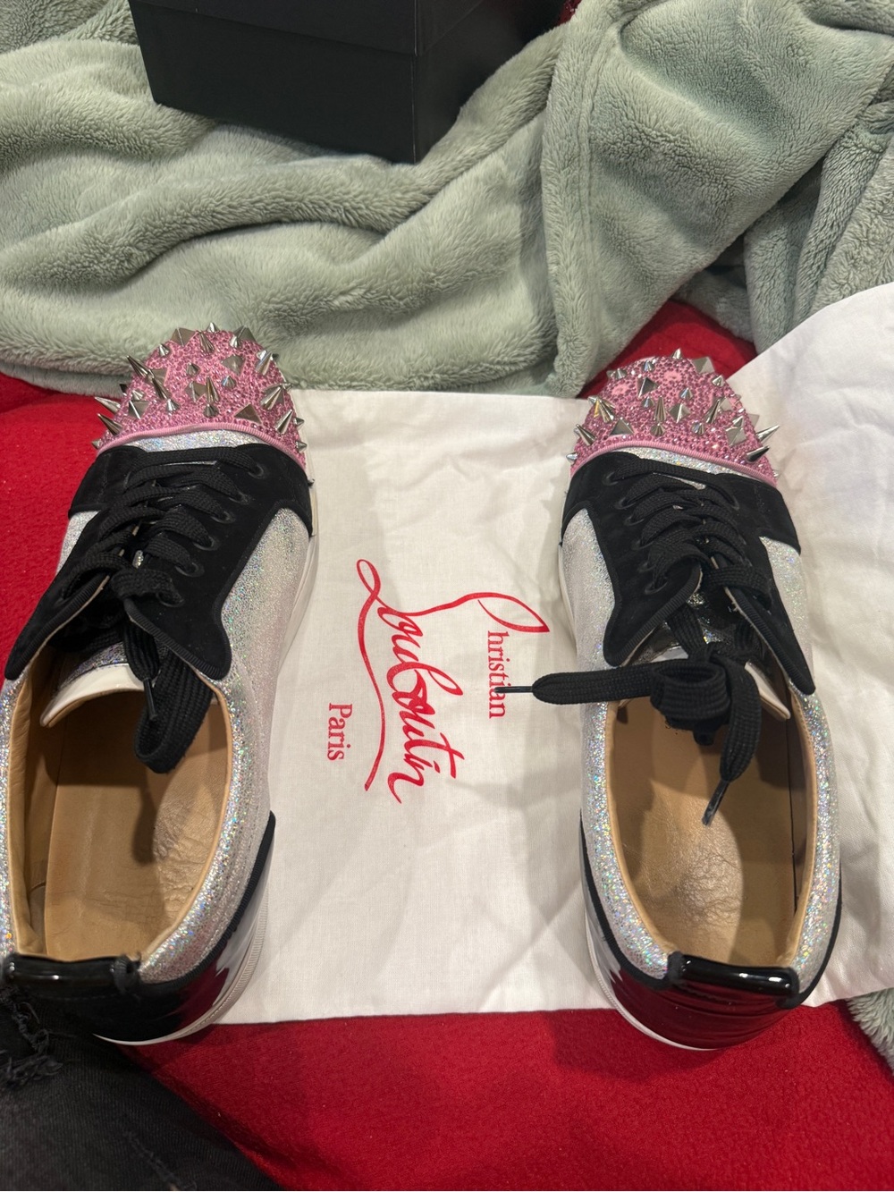 Christian Louboutin Pink-Accent Glitter Spike Low-Top Sneakers